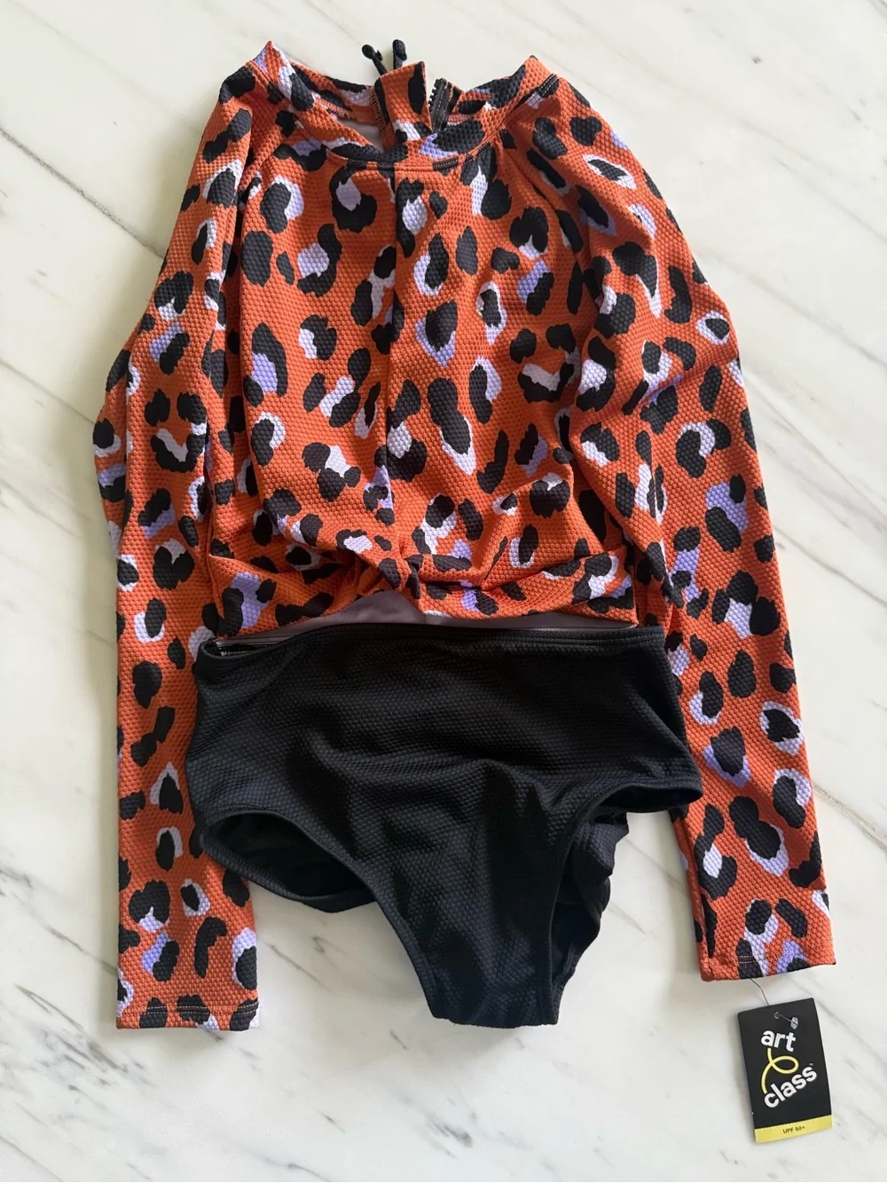 art class Orange Leopard Long-Sleeve Rashguard Top with Black Swim Bottoms